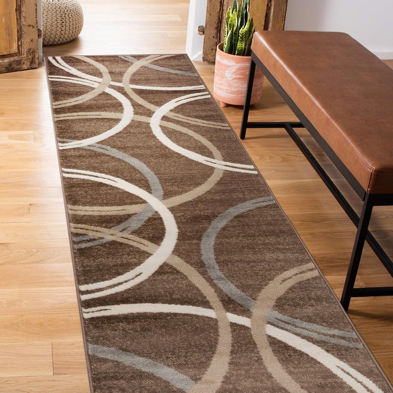 Rugshop Modern Wavy Circles Design Runner Rug, Carpet with Jute Backing for Hallway, Entryway, or Kitchen, Brown, 2' x 7'2" - Image 1